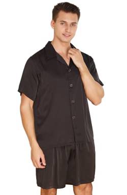 LEPTON Herren-Pyjama-Set – Seiden-Satin-Hawaii-Hose und Hemd für Herren, Schwarz, X-Large von LEPTON