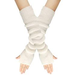 LERTREEUK Damen Mädchen Strickhandschuhe Kaschmir-Mischung Lange Armstulpen Ellenbogenwärmer Fingerlose Fäustlinge mit Daumenloch (Weiß) von LERTREEUK