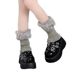 LERTREEUK Winter Warm Frauen Fuzzy Boot Stulpen Y2K-Beinwärmer Pelzige Kunstfell-Strick-Wadenstrümpfe Stiefel Ärmel (Grau) von LERTREEUK