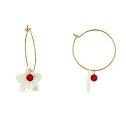 LES POULETTES BIJOUX - Vergoldet Ohrringe Reifen Perlmutt Frangipani Blume und Rot Perle von LES POULETTES BIJOUX