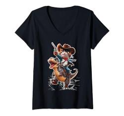 Damen Katze reitend Dinosaurier Tt Rex Funny I'm , Geburtstag, Cowboy T-Shirt mit V-Ausschnitt von LESEEVO, Birthday Kids design