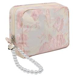LESFEY Kosmetiktasche mit geprägtem Blumendruck, Make-up-Tasche, Make-up-Tasche, Reißverschluss, mit Perlenanhängern für Frauen und Mädchen, Geprägte rosa Blume von LESFEY