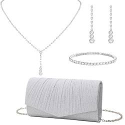 LETODE 4-teiliges Clutch-Geldbörsen-Schmuck-Set für Damen, Strass, Abendbörsen für Hochzeit, Party, Abschlussball, 8-silber, Small von LETODE