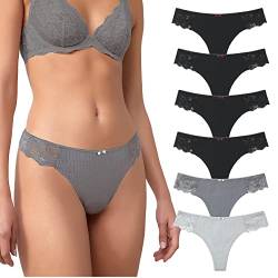 LEVAO G-String-Tangas für Damen, Baumwolle, sexy Spitze, T-Rücken, bequeme Unterwäsche, Multipack, S-XL, 4 x Schwarz/Grau/Graublau, L von LEVAO