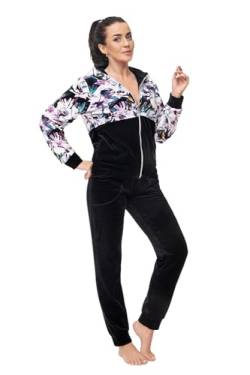 LEVERIE Trendiger Damen Wellnessanzug/Hausanzug/Trainingsanzug (Made in EU) mit stylischer Sweatjacke & bequemer Hose (L, Schwarz mit Blumenmuster) von LEVERIE