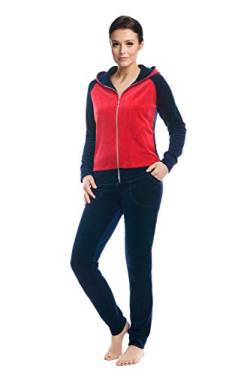 LEVERIE trendiger Damen Wellnessanzug/Hausanzug/Trainingsanzug mit stylischer Sweatjacke & bequemer Hose, made in EU (XL (42), Dunkelblau/Rot mit Kapuze) von LEVERIE