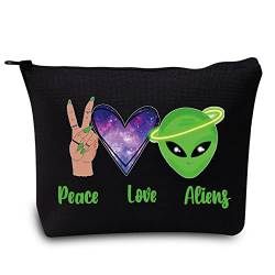 LEVLO Lustige Alien Kosmetiktasche Alien Lover Geschenk Peace Love Alien Make-up Tasche Tasche UFO ET Fans Geschenk, Peace Alien Black, Kosmetiktasche von LEVLO