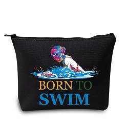 LEVLO Schwimmen Mädchen Kosmetiktasche Schwimmer Geschenkidee Born To Swim Make-up Reißverschluss Tasche für Frauen Mädchen, Born to Swim Black, Kosmetiktasche von LEVLO