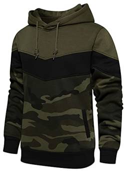 LEZUAN Herren Pullover mit Kapuze Langarm Kapuzenpullover Camouflage Hoodie Patchwork Hooded Sweatshirt mit Kordelzug und Seitentaschen, Fleece-Innenseite(Patchwork Grün,XL) von LEZUAN