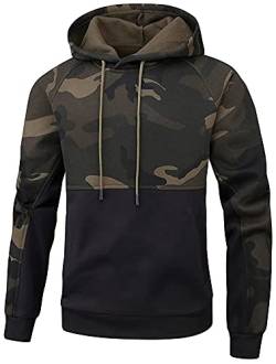 LEZUAN Herren Pullover mit Kapuze Langarm Kapuzenpullover Camouflage Hoodie Patchwork Hooded Sweatshirt mit Kordelzug und Seitentaschen, Fleece-Innenseite(Tarnung&Schwarz,L) von LEZUAN