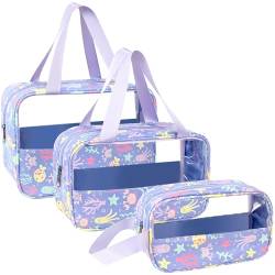 LEcylankEr Kosmetiktasche Transparent 3 Stück, Wasserdicht PVC Kulturbeutel für Damen, Leicht Make-up Tasche für Kosmetik, Kulturbeutel Reise Set (Bedruckt-Violett) von LEcylankEr