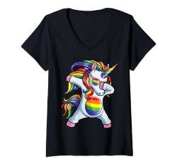 Damen Dabbing Einhorn Gay Pride LGBT Regenbogen Flagge Sonnenbrille LGBTQ T-Shirt mit V-Ausschnitt von LGBT Rainbow Co