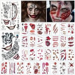 32 Blatt Halloween Tattoo Gesicht, Halloween Clown Tattoo, Wasserdicht Terror Tattoo, Halloween Zombie Scars Tattoos Aufkleber, Tattoos Halloween Wunden Narben für Halloween Party Cosplay von LGZIN