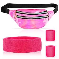 80er Jahre Outfit Damen Set Accessoires, 80er Jahre Kleidung Damen Set, Kleidung Pinke Set Sportlicher Stil mit Bauchtasche, Schweißband pink Set mit Stirnband für 80er 90er Karneval Neon Party von LGZIN