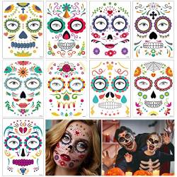 9 Blatt Halloween Gesichtstattoo, Tag der Tote Tattoos, Halloween Gesicht temporäre Tattoos, Gesicht Abziehbilder, Totenkopf Gesichtstattoo, für Halloween, Maskerade,Cosplay Party von LGZIN