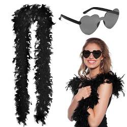 LGZIN Federboa, 2M Schwarz Feder Boa mit Herzbrille, Randlosen Sonnenbrillen, Federboa Schwarz und Flauschige Federboa, Kostüm-Accessoire, Feder Boas Zubehör für Cosplay, Halloween, Karneval von LGZIN