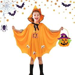 LGZIN Kinder Halloween Kostüm, Halloween Fledermaus Kostüm Kinder, Fledermaus Umhang Kostüm, Kürbis Candy Bag, Witch Umhang mit Hut, für Jungen Mädchen Halloween Cosplay Party (Orange) von LGZIN