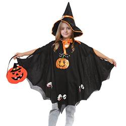 LGZIN Kinder Halloween Kostüm, Halloween Fledermaus Kostüm Kinder, Fledermaus Umhang Kostüm, Kürbis Candy Bag, Witch Umhang mit Hut, für Jungen Mädchen Halloween Cosplay Party (Schwarz) von LGZIN
