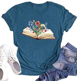 Buchhemden für Frauen Lesen Buch T-Shirt Buch Liebhaber Geschenk Tops Casual Lehrer Kurzarm Shirt, Blau, Mittel von LHBNK
