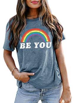 Damen T-Shirt Be You Gay Pride Shirt LGBT Regenbogen Tees lustiger Buchstabendruck Grafik Tee Sommer Kurzarm Tops - Grau - Groß von LHBNK