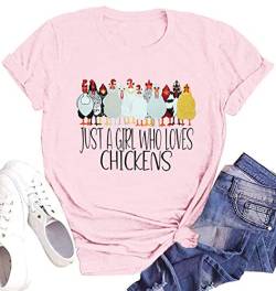 Hühner-Shirt für Damen, Bauernhof-Tees, Bauernhof-Mädchen, T-Shirt, lustiges Huhn-Grafik-T-Shirt, lässiges kurzärmeliges Oberteil, Pink, Groß von LHBNK