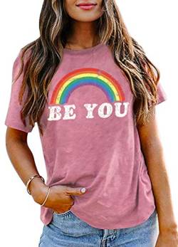 Rainbow Shirt Frauen Pride Shirt Regenbogen Grafik Tees Shirts Brief Druck Casual Kurzarm Tops, Pink, Klein von LHBNK