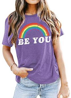 Rainbow Shirt Frauen Pride Shirt Regenbogen Grafik Tees Shirts Brief Druck Casual Kurzarm Tops, Violett (2), Klein von LHBNK