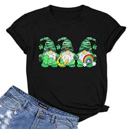 St. Patricks Day Shirt für Damen, niedliche Zwerge, T-Shirt, Kleeblatt, bedruckte Shirts, kurzärmelig, grafische T-Shirts, schwarz, Mittel von LHBNK