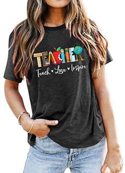 Teach T-Shirt für Frauen Lehrer Graphic Tees Tops Teach Love Inspire Letter Print Shirts Tops, dunkelgrau, XX-Large von LHBNK