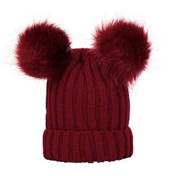 LIANGFANG Kind 2-6 Jahr Strickmütze Mütze Wintermütze Herbstmütze mit Zwei Bommel Beanies Bommelmütze Pudelmütze Winter Hüte für Frauen, Rot, Einheitsgröße von LIANGFANG