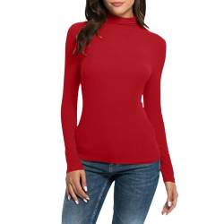 Damen Rollkragenshirt Rot Elegant Lange Ärmel Einfarbige Rollkragen-Shirt Rollkragen Langarm-T Elegante Langärmeliges Leicht Rollkragenpullover Winter Casual Damen Casual Tailliert Pullover von LIANGTUOHAI