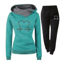 Damen Trainingsanzug Set 2-Teilig Heartbeat Print Hoodie Jogginghose Sweatshirt Hose Zweiteiler Jogginganzüge Damen Kapuzenpullover Sporthose Set Jogginganzug Loungewear Hosenanzug mit Taschen von LIANGTUOHAI