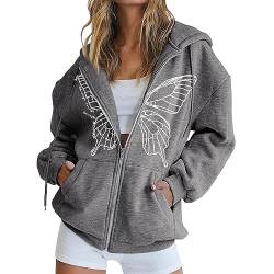 LIANGTUOHAI Sweatshirt-Schmetterlings-bedruckte, wattierte Jacke, lockere Kapuzenjacke mit Reißverschluss Hell Grauer Mantel Damen (Dark Gray, M) von LIANGTUOHAI