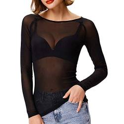 Transparentes Oberteil Damen Mesh Durchsichtiges Netzoberteil Sexy Schwarz Sheer Netz Oberteile Mode Tops Bluse Sheer Mesh Top Langarmshirt T-Shirt Tunika Casual Clubwear Party Rave Valentinstag von LIANGTUOHAI