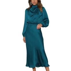 LIAOPUFUS Langes Kleid aus Satin mit Rüschen Cocktailkleid für Frauen und Mädchen Herbst Neu Elegant Loose Style Kleid Langes Kleid (L, Blauer See) von LIAOPUFUS