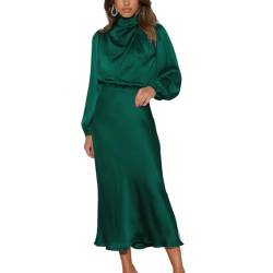 LIAOPUFUS Langes Kleid aus Satin mit Rüschen Cocktailkleid für Frauen und Mädchen Herbst Neu Elegant Loose Style Kleid Langes Kleid (M, Dunkelgrün) von LIAOPUFUS