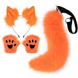 Fuchs Cosplay Set Faschingskostüm für Kinder Erwachsene, Fuchsohren Cosplay Set Fuchs Ohren Stirnband Fuchsschwanz Pfoten Handschuhe für Kinder Erwachsene Halloween Fasching Karneval Party von LICHENGTAI