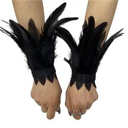 LICHENGTAI Feder Manschetten Damen Schwarz Feder Spitze Lange Handschuhe Gothic Feder Armbänder für Halloween Party Kostüm Rollenspiel Game Party von LICHENGTAI