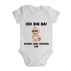 LIEBTASTISCH - Ich bin da! Sperrt eure Töchter ein! - Baby body kurzarm - Strampler - mit Druckknöpfen - Jungen - 100% Bio Baumwolle (Weiss, 3-6 Monate) von LIEBTASTISCH