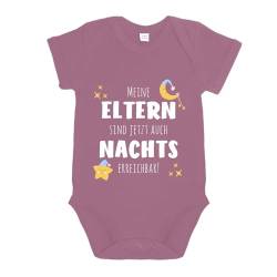 LIEBTASTISCH - Meine Eltern sind jetzt auch Nachts erreichbar! - Baby body kurzarm - Strampler - mit Druckknöpfen - Jungen & Mädchen - 100% Bio Baumwolle (Pink, 0-3 Monate) von LIEBTASTISCH