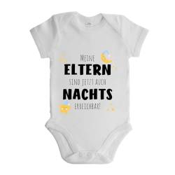 LIEBTASTISCH - Meine Eltern sind jetzt auch Nachts erreichbar! - Baby body kurzarm - Strampler - mit Druckknöpfen - Jungen & Mädchen - 100% Bio Baumwolle (Weiss, 0-3 Monate) von LIEBTASTISCH