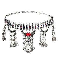 Ketten, Körperketten, Farbe Metall Hippie Blume Türkisch glänzend Kleid Gürtel Bauchtanz Taille Kette Münzen Sexy Körper Indischer Schmuck (Rot) von LIFART