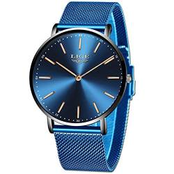 LIGE Herren Uhren Ultradünn Wasserdicht Analog Quarz Uhren Herren Geschäft Blau Mesh Uhren von LIGE