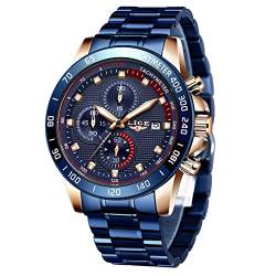 LIGE Herren Uhren Wasserdichter Sport Chronograph Analoge Quarzuhr Edelstahl Business Armband Armbanduhr Blau Herrenuhr von LIGE