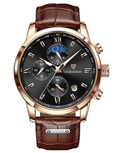 LIGE Herrenuhr Chronograph Multifunktionale Wasserdichter Business Casual Sport Leuchtende Datum Kalender Leder Strap Analog Quarz Armbanduhr für Männer Braun Schwarz von LIGE