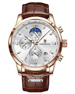 LIGE Herrenuhr Chronograph Multifunktionale Wasserdichter Business Casual Sport Leuchtende Datum Kalender Leder Strap Analog Quarz Armbanduhr für Männer Braun Weiß von LIGE