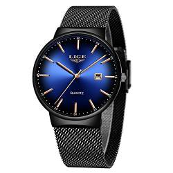 LIGE Uhr Herren Dünne wasserdichte Edelstahl Mesh Mode Minimalistisch Analoge Quarz Armbanduhr Herren (Schwarz Blau) von LIGE