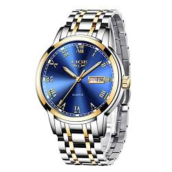 LIGE Uhren Herren Mode Edelstahl Wasserdicht Analoger Quarzuhr Auto-Kalender Geschäft Kleid Armbanduhr Maenner (Gold Blue) von LIGE