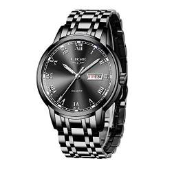 LIGE Uhren Herren Mode Edelstahl Wasserdicht Analoger Quarzuhr Auto-Kalender Geschäft Kleid Armbanduhr Maenner (Steel Black) von LIGE