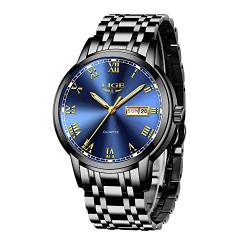 LIGE Uhren Herren Mode Edelstahl Wasserdicht Analoger Quarzuhr Auto-Kalender Geschäft Kleid Armbanduhr Maenner (Steel Black Blue) von LIGE